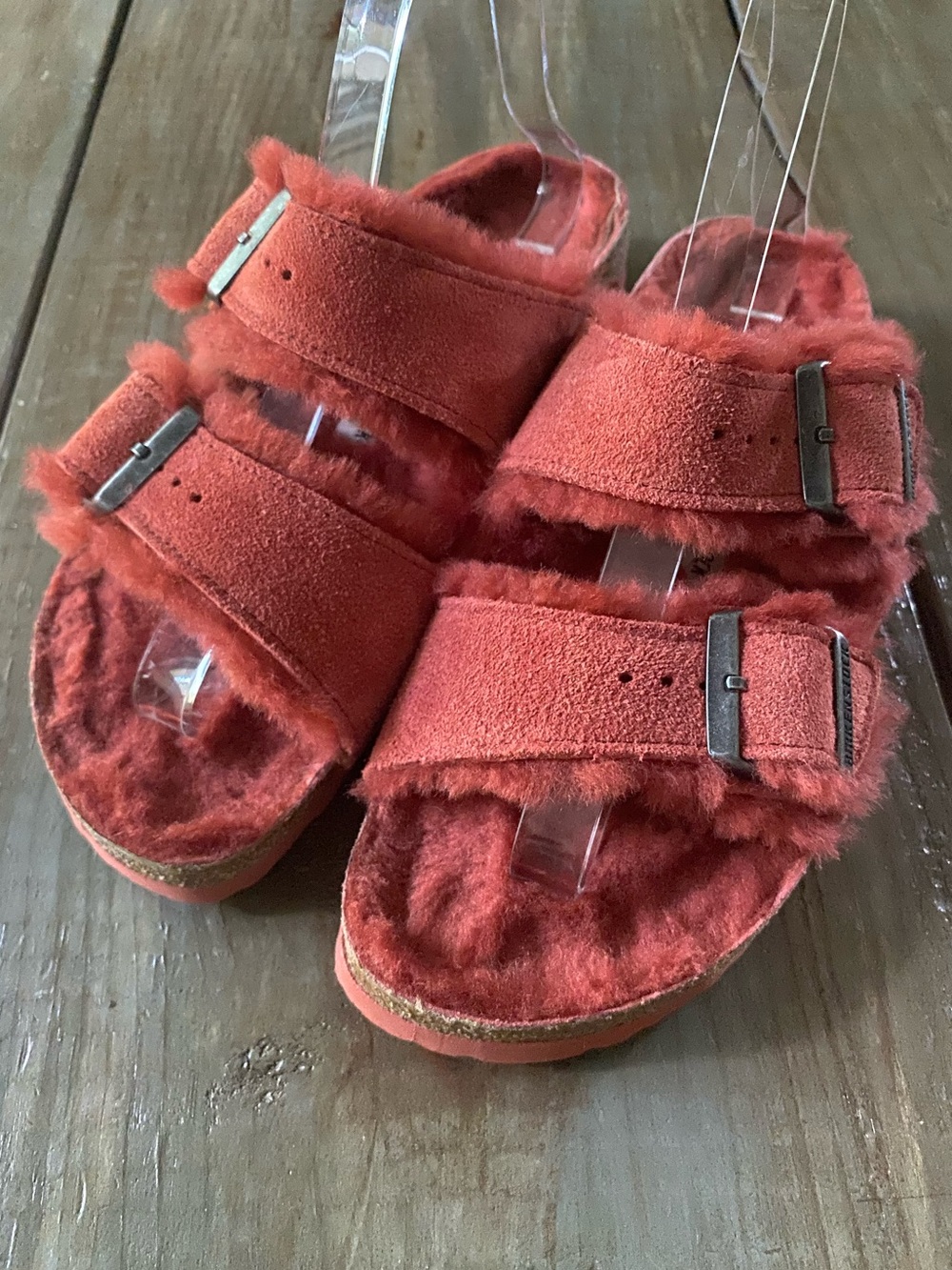 Birkenstock Arizona Shearling Suede Fur Lined Buckle Sandals Womens 9 260 Coral - Picture 6 of 12